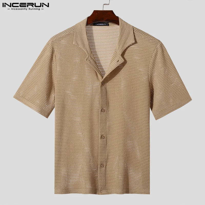 INCERUN Tops 2024 Korean Style Men's Textured Solid Simple Shirts Casual Streetwear Standing Collar Medium Sleeved Blouse S-5XL