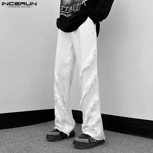 INCERUN 2024 Korean Style Trousers Fashionable Men's Tassel Splicing Design Long Pants Casual Simple Male Solid Pantalons S-5XL