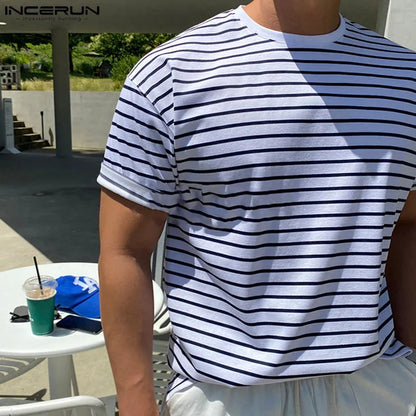 INCERUN Tops 2024 Korean Style Men O-neck Striped Shoulder Loose T-shirts Casual Streetwear Elastic Short Sleeved Camiseta S-5XL