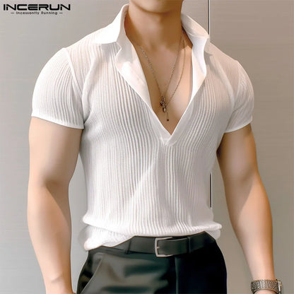 INCERUN Tops 2024 Korean Style Fashion Men's Striped Perspective V-neck T-shirts Casual Streetwear Short Sleeved Camiseta S-5XL