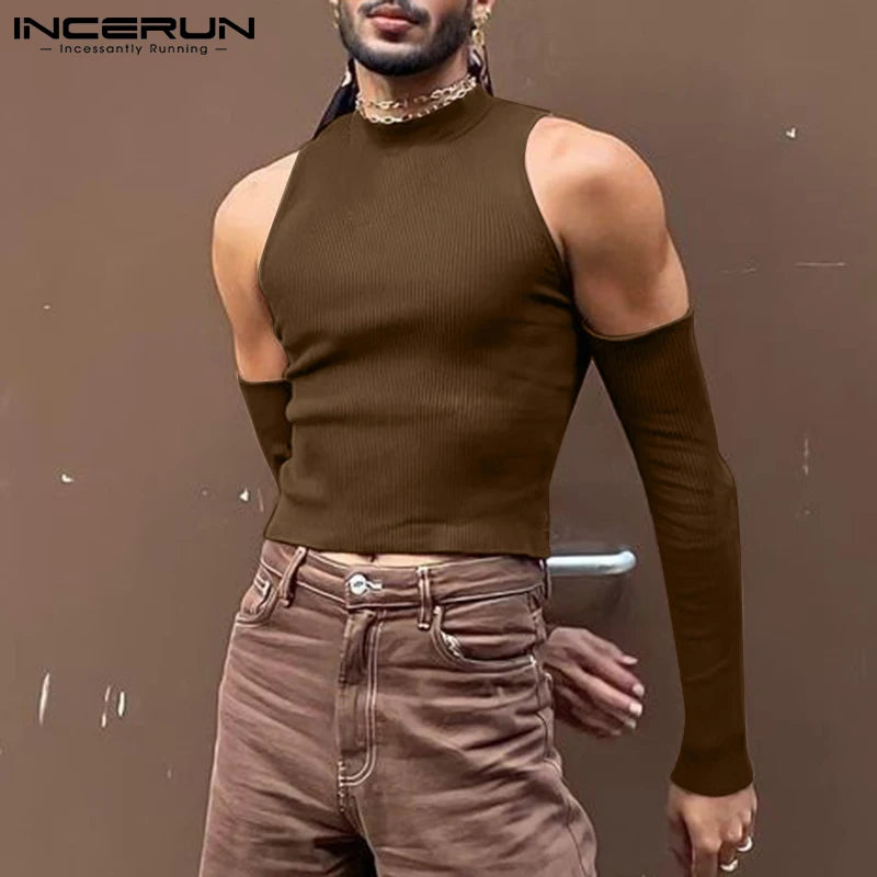 INCERUN Hommes T-shirt Couleur Unie Col Roulé À Manches Longues Épaule Dénudée Décontracté Camisetas 2023 Évider Streetwear Sexy Crop Tops