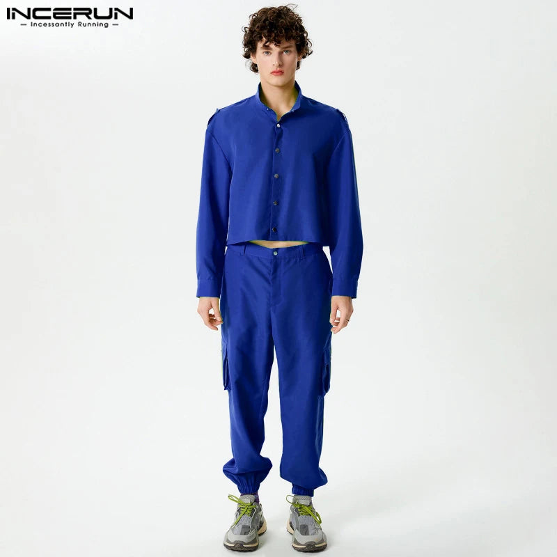 INCERUN 2024 Amerikanischen Stil Mode Herren Sets Solide Alle-spiel Langarm Hemden Bleistift Hosen Casual Street Anzug 2 Stück S-5XL