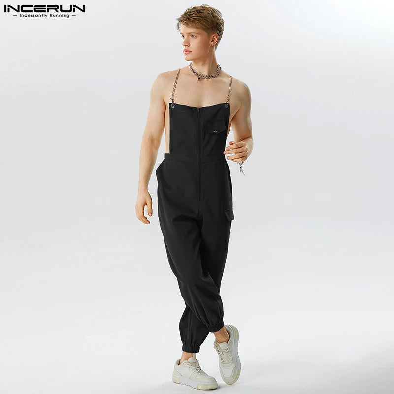 INCERUN 2023 Handsome Men's Solid All-match Cargo Pants Jumpsuits Streetwear Male Hot Sale Chain Connection Design Rompers S-5XL