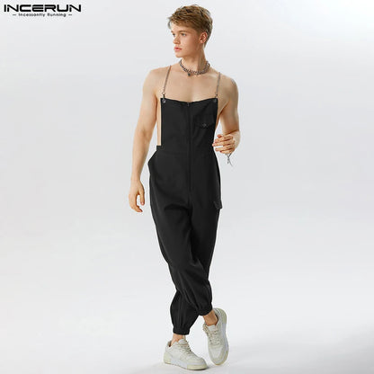 INCERUN 2023 Hübscher Männer Solide Alle-spiel Cargo Hosen Overalls Streetwear Männlichen Heißer Verkauf Kette Verbindung Design Strampler S-5XL