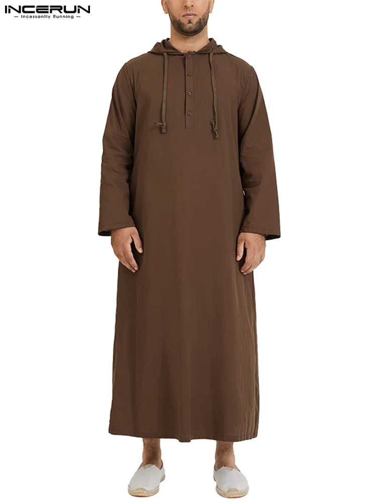 INCERUN islamique Jubba Thobe à manches longues Robe chemises à capuche saoudien arabe caftan Long Jubba Thobe Hombre hommes musulmans Abaya vêtements