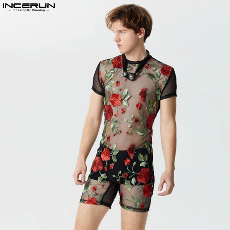 INCERUN Men's Bodysuits Mesh Transparent O-neck Short Sleeve Fashion Rompers Sexy 2024 Flower Embroidery Unisex Playsuits S-5XL