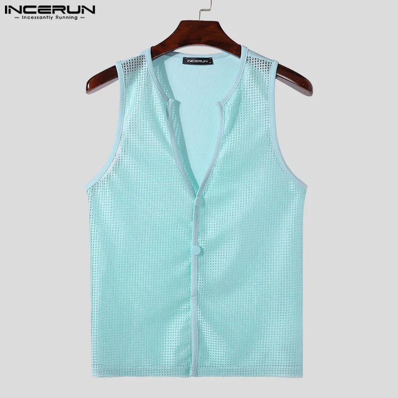 INCERUN Tops 2024 Koreanische Stil Sommer Neue Herren Mesh Offene Knopfleiste Taste Westen Sexy Mode Männlichen Solide Ärmellose Tank Tops S-5XL