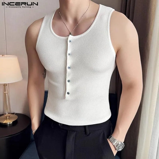 Casual Simple Style Tops INCERUN Mens Fashion Knitted Striped Vests Male Streetwear Gym Elastic Tight Solid Tank Tops S-3XL 2024