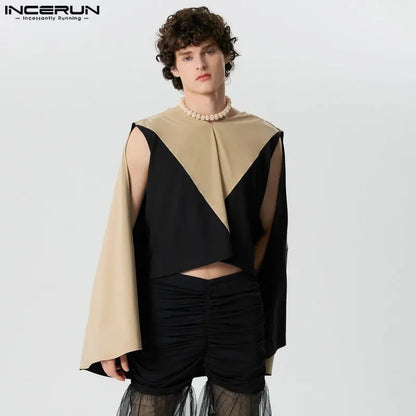 INCERUN Summer T-shirts Men's Clothing Fashion Sleeveless Cloak Patchwork Cape Clubwear Tops Tee V Neck Blouses T Shirt Oversize