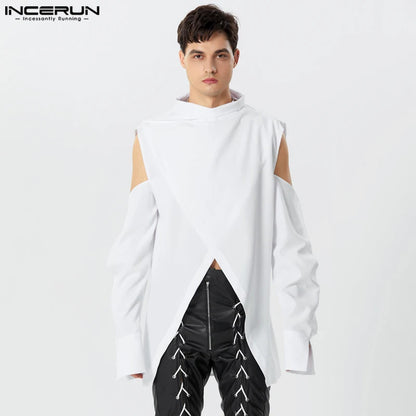 INCERUN Tops 2023 American Style New Mens Fashion Cross Design Shirts Personality Shoulder Solid Hollow Long Sleeve Blouse S-5XL