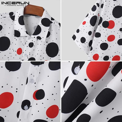 INCERUN Tops 2024 Amerikanischer Stil, Mode, Männer, lose, unregelmäßige Polka Dot-bedruckte Hemden, männliche Persönlichkeit, halbärmelige Bluse, S-5XL