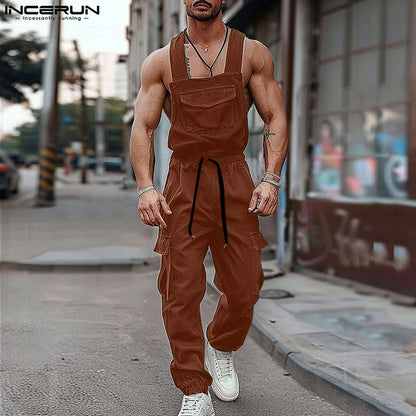 INCERUN 2024 Combinaisons de style américain Nouvelle combinaison cargo à la mode pour hommes Combinaison décontractée Streetwear Sexy Solide Bretelles Barboteuses S-5XL