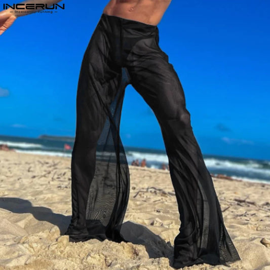 Mens Party Nightclubs Trousers INCERUN 2024 American Style Stylish Sexy Male Glittering Fabric Perspective Thin Long Pants S-5XL