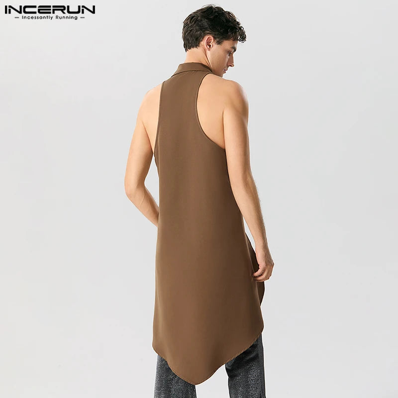 INCERUN Tops 2023 American Style Men's Irregular Hem Design Vests Casual Long-style Solid All-match Sleeveless Suit Vests S-5XL