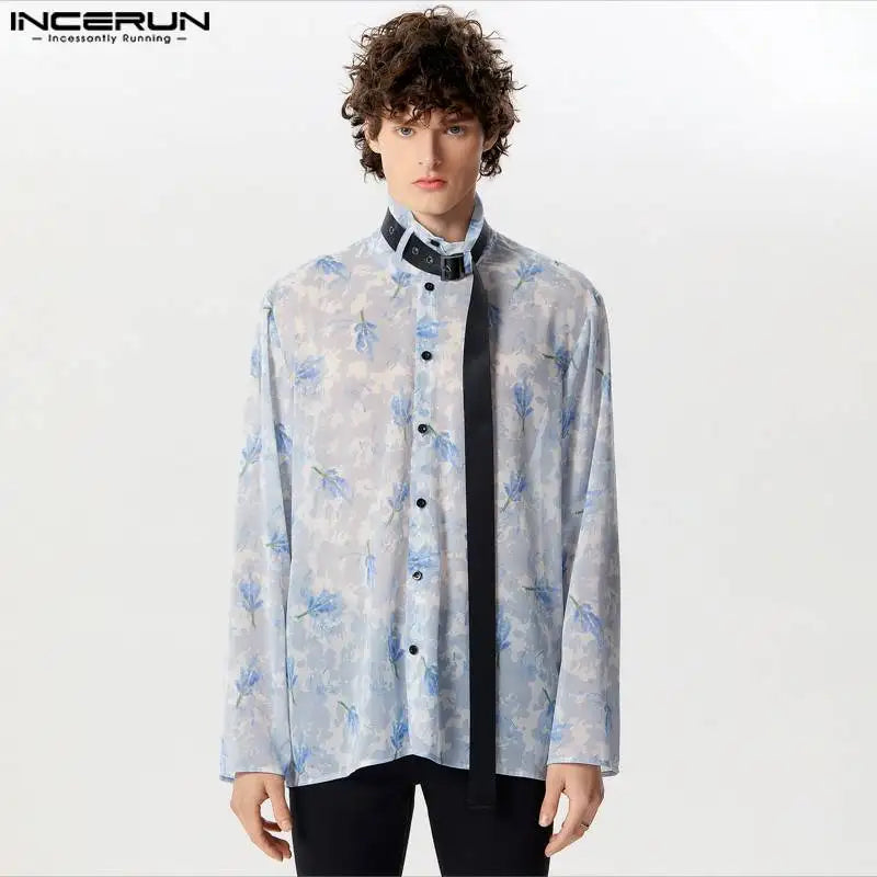 INCERUN Tops 2024 Style américain Hommes Imprimé Mousseline de Soie Légèrement Transparent Chemises Décontractées Streetwear Homme Chemisier À Manches Longues S-5XL