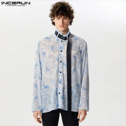 INCERUN Tops 2024 American Style Mens Print Chiffon Slightly Transparent Shirts Casual Streetwear Male Long Sleeved Blouse S-5XL