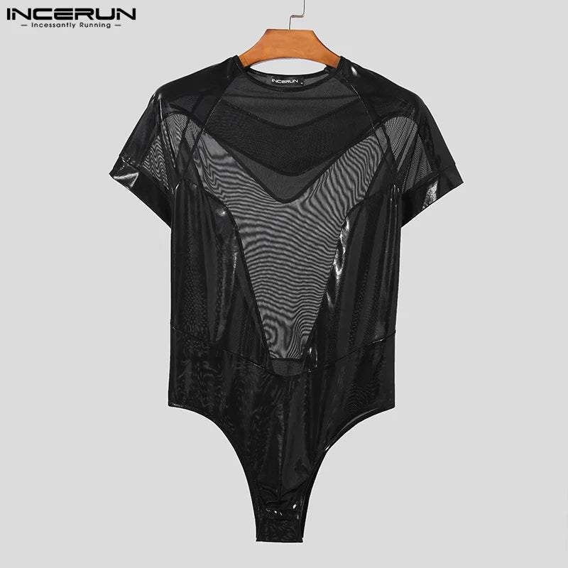 INCERUN 2024 Sexy Casual Herren Loungewear Flash Splicing Mesh Design Bodysuits Stilvolle Kurzarm-Dreieck-Overalls für Männer S-3XL