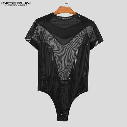 INCERUN 2024 Sexy Casual Hommes Loungewear Flash Splicing Mesh Design Bodys Élégant Hommes Manches Courtes Triangle Combinaisons S-3XL