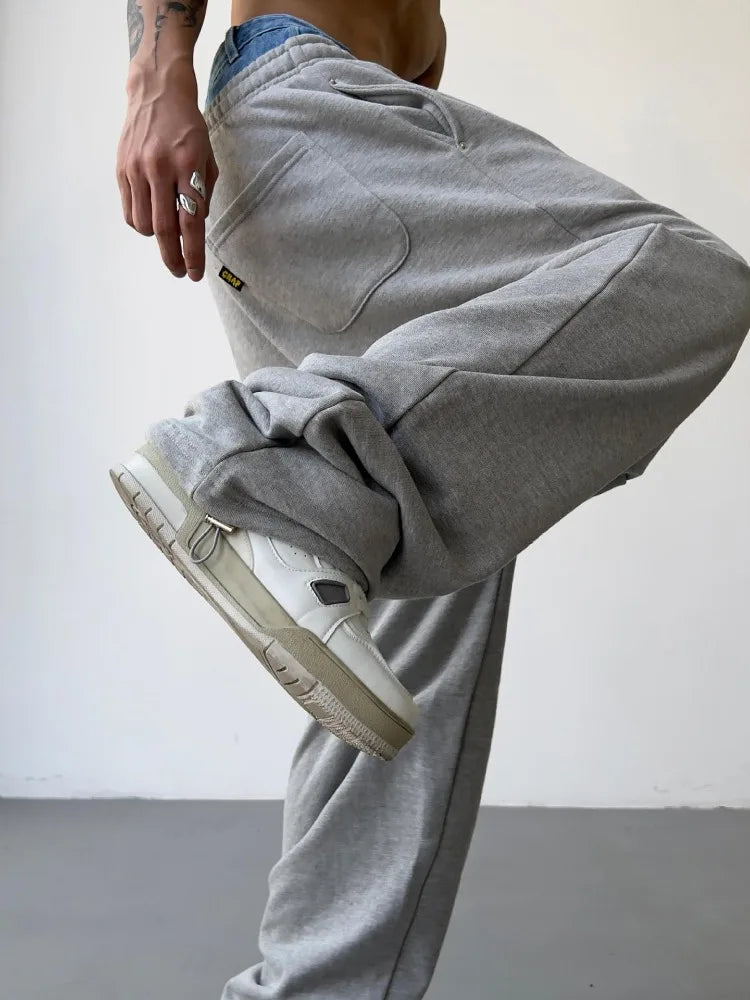 HOUZHOU Hip Hop Grey Sweatpants Sports Pants Button Jean Elastic Waist Pants Loose Trousers Y2K Casual Sportwear Pants Joggers