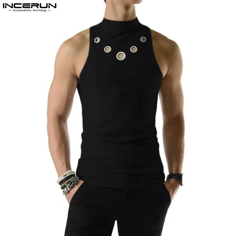 INCERUN Fashion Men Tank Tops Hollow Out Solid Turtleneck Sleeveless Male Vests Streetwear Summer 2023 Casual Men Clothing S-5XL