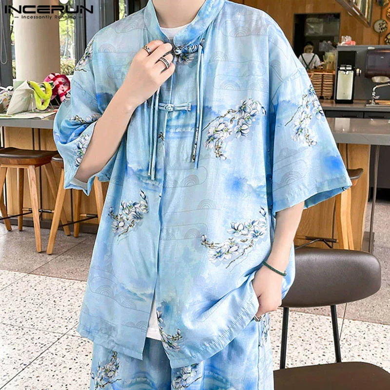 INCERUN 2024 Korean Style Sets Handsome Men Short Sleeved Shirts Shorts Casual Streetwear Loose Ethnic Print Suit 2 Pieces S-5XL