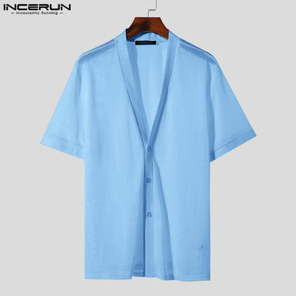 INCERUN Tops 2024 Korean Style Fashion Men's Sexy V-neck Hollowed Out Shirts Streetwear Male Short Sleeved Cardigan Blouse S-5XL