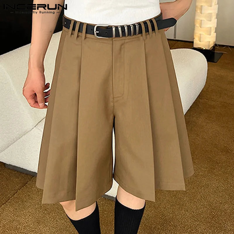 2023 Men Shorts Pleated Solid Color Loose Streetwear Casual Men Bottoms Korean Style Summer Leisure Male Shorts S-5XL INCERUN