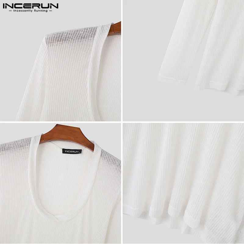 INCERUN Tops 2024 Korean Style Fashion Men's Knitted T-shirt Casual Male Slightly Transparent V-neck Long Sleeved Camiseta S-5XL