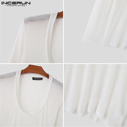 INCERUN Tops 2024 Korean Style Fashion Men's Knitted T-shirt Casual Male Slightly Transparent V-neck Long Sleeved Camiseta S-5XL