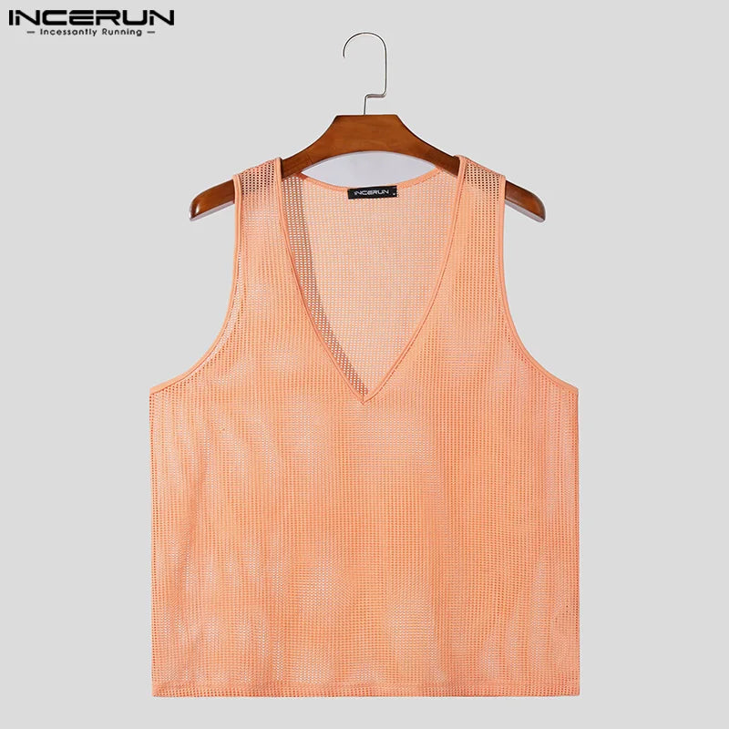 Stylish Casual Style Tops INCERUN New Men Sexy Hollow V-neck Vests Summer Streetwear Male Hot Selling Sleeveless Tank Tops S-5XL