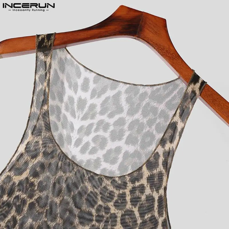 INCERUN Tops 2024 American Style Sexy Men's Slightly Transparent Leopard Printed Vests Casual Personality U-neck Tank Tops S-5XL