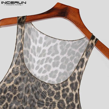 INCERUN Tops 2024 Amerikanischer Stil Sexy Herren Leicht Transparente Unterhemden Mit Leopardenmuster Lässige Persönlichkeit U-Ausschnitt Tank Tops S-5XL