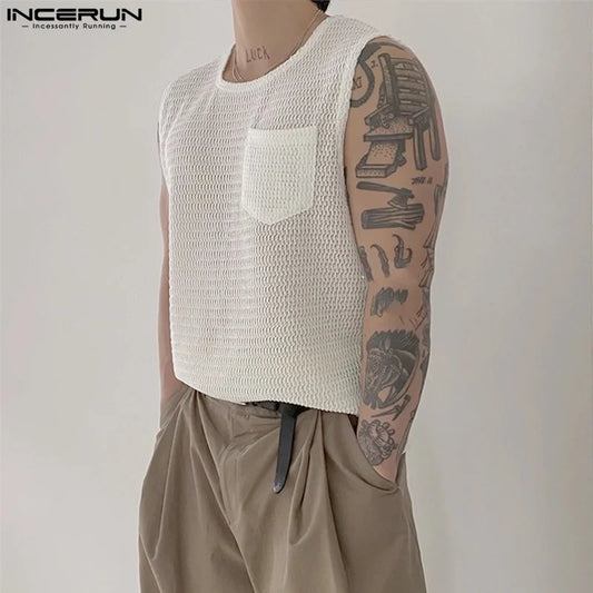 Stylish Casual Tops INCERUN New Mens Hollow Mesh Pocket Vests Summer Streetwear Personality Sleeveless Thin Tank Tops S-5XL 2024