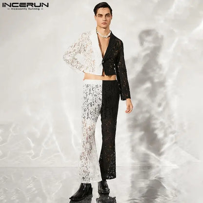 Fashion Casual Style Sets INCERUN Handsome Men's Black White Contrast Color Lace Hollow Short Suit Trousers Suit 2 Pieces S-5XL