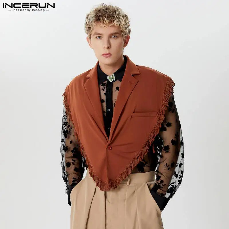 Fashion Casual Style Tops INCERUN Men's Side Strap Short Tassel Silhouette Vests Handsome Male Solid Lapel Waistcoats S-5XL 2024