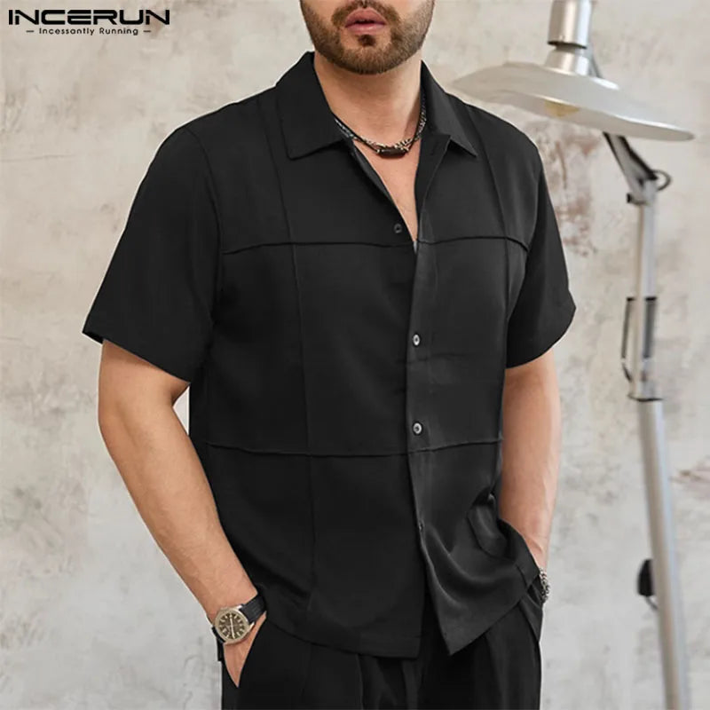 Casual Simple Style Tops INCERUN New Men's Summer Solid Simple Design Shirt Streetwear Male All-match Short Sleeved Blouse S-5XL