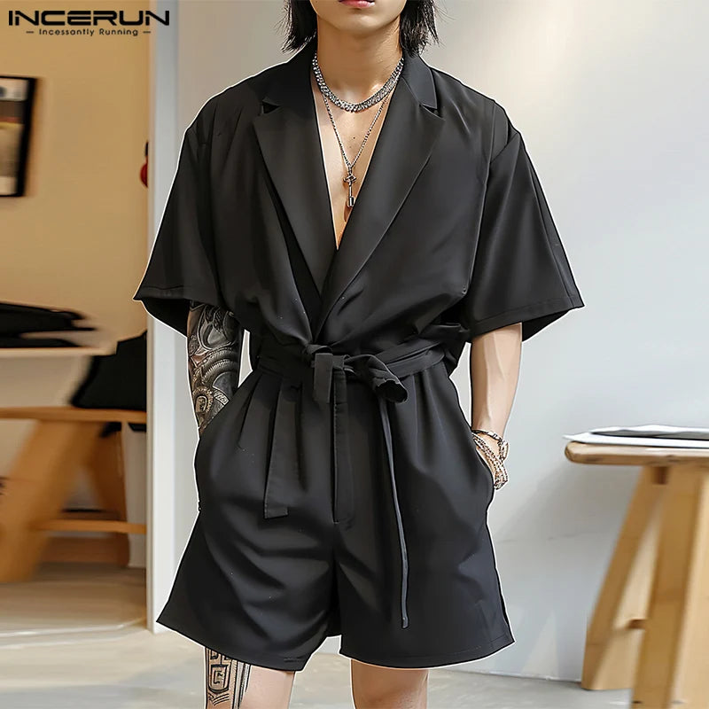 INCERUN 2024 Korean Style Jumpsuits Handsome Men's Suit Collar Design Rompers Casual Street Solid Short Sleeved Jumpsuits S-5XL