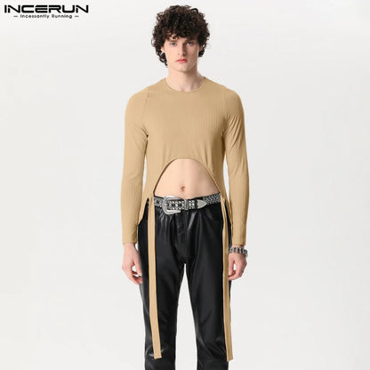 INCERUN Tops 2024 American Style Sexy Men's Knitted Short Strap Design Camiseta Casual Clubwear Male Long Sleeved T-shirts S-5XL