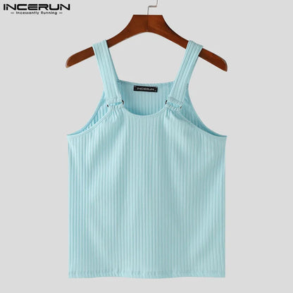 INCERUN Tops 2024 Korean Style Fashion Mens Tight Striped Vests Casual Streetwear Metal Buckle Design Sleeveless Tank Tops S-5XL