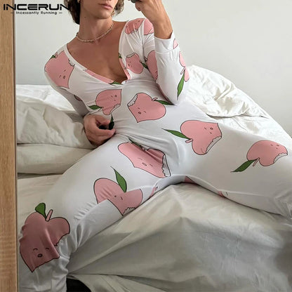 INCERUN 2024 Sexy Style Loungewear Herren Jumpsuit Stilvolle Cartoon Druck Bodysuits Männlich Dünner V-Ausschnitt Langarm Strampler S-5XL