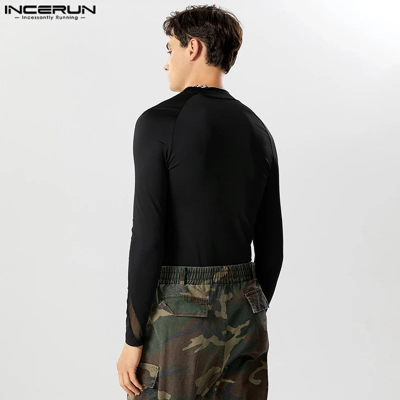 2023 Men Bodysuits Mesh Patchwork V Neck Streetwear Long Sleeve Male Rompers Zipper Transparent Fashion T Shirt Bodysuit INCERUN