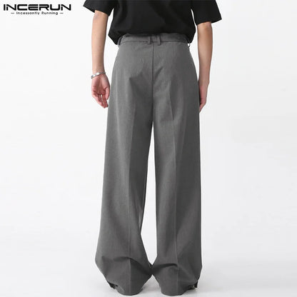 INCERUN 2024 Korean Style Men Trousers Simple Lace Up Drawstring Long Pants Casual Streetwear Loose Straight Leg Pantalons S-5XL