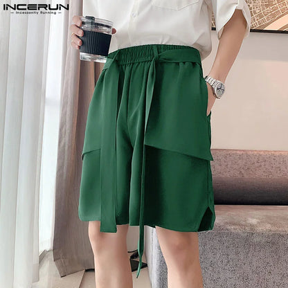 INCERUN 2024 Korean Style Shorts New Mens Ribbon Design Straight Leg Shorts Casual Well Fitting Male Wide Leg Cargo Shorts S-5XL