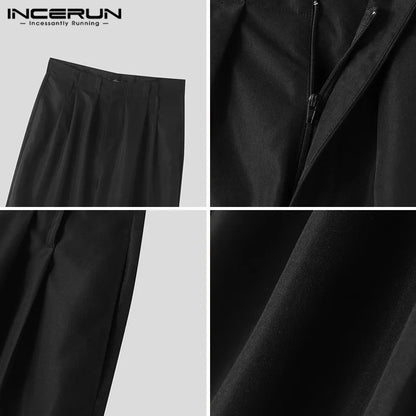 INCERUN 2024 Korean Style New Mens Trousers Pleated Design Straight Leg Pantalons Casual All-match Simple Solid Long Pants S-5XL