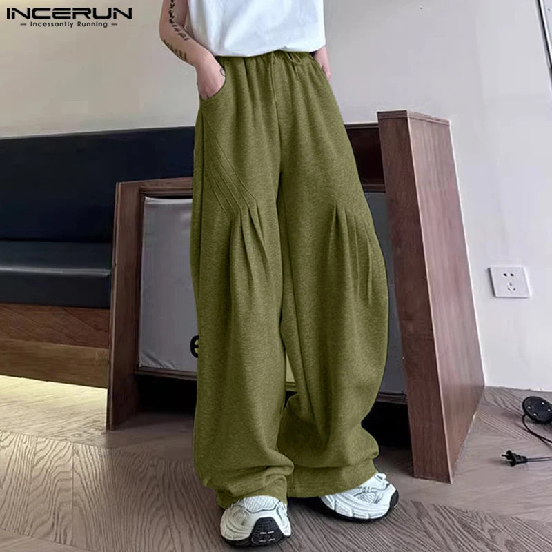 INCERUN 2024 Korean Style Casual Trousers Men's Pleated Craft Design Pant Stylish Rubber Waist Drawstring Sports Pantalons S-5XL