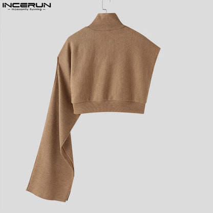 INCERUN Tops 2023 Korean Style Men's Cape Knitted High Necked Pullovers Stylish Irregular Cape Knitted Turtleneck Sweater S-5XL