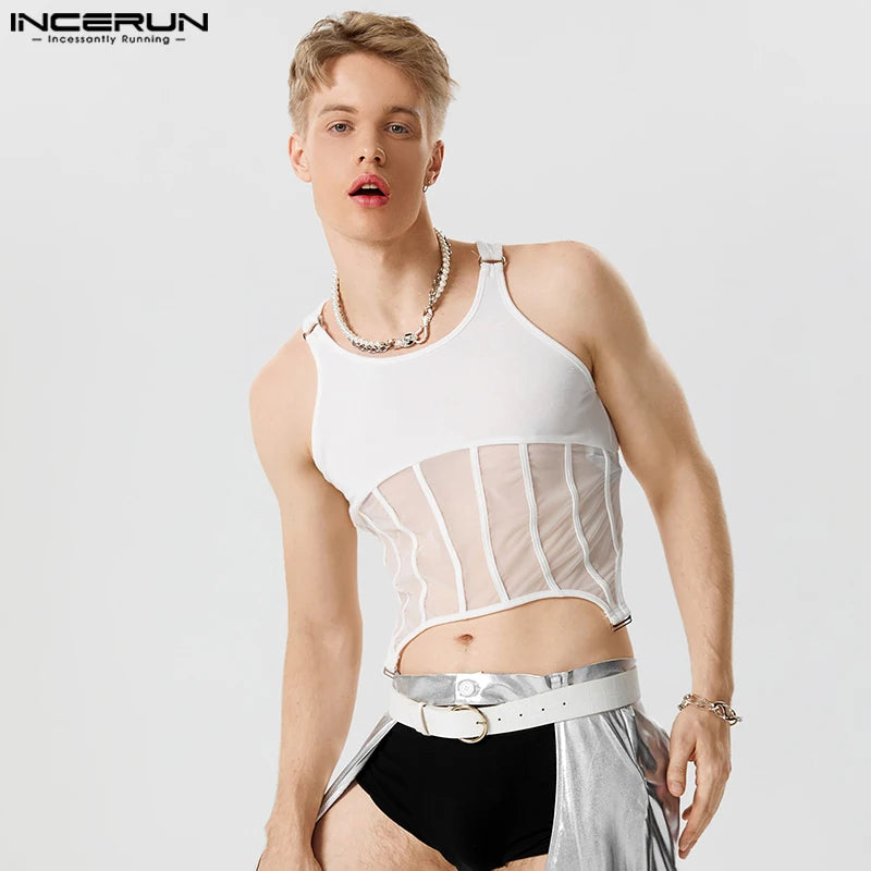 INCERUN Tops 2024 Amerikanischen Stil Mode Männer Solide Patchwork Sehen-durch Mesh Weste Metall Schnalle Ärmellose Dünne Westen S-5XL