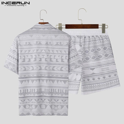 INCERUN 2024 Korean Style Sets Men's Summer Short Sleeved Shirts Shorts Fashion Sexy Male Irregular Printed Two-piece Sets S-5XL