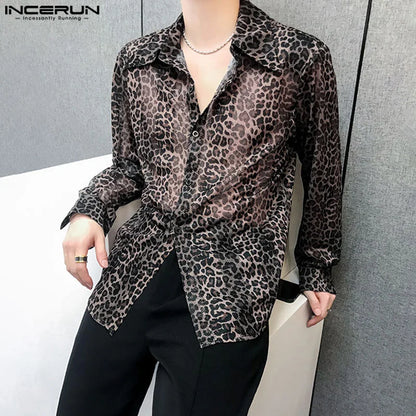 Fashion Well Fitting Tops INCERUN New Men's Perspective Leopard Print Shirts Casual Clubwear Male Long Sleeved Blouse S-5XL 2024