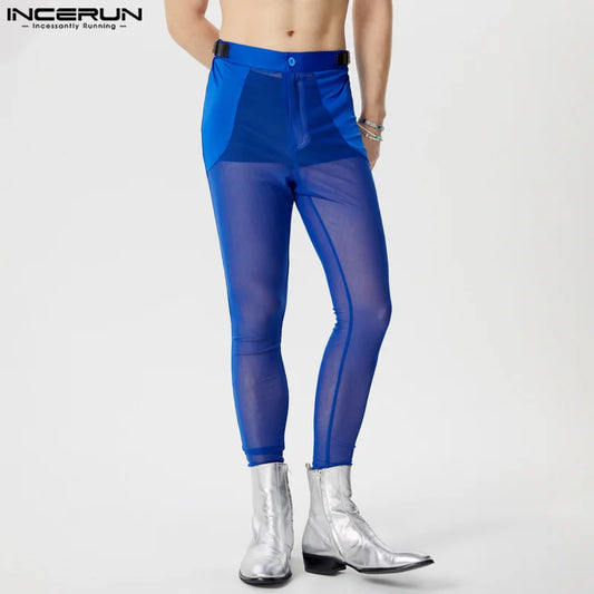 INCERUN 2024 American Style Pantalons Men Sexy Elasticity Mesh See-through Tight Pants Leisure Clubwear Male Thin Trousers S-5XL